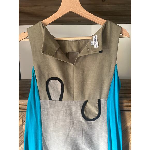 Mixed Material Linen and Cotton Sleeveless Dress Flax and Turqoise Small/Medium - Picture 7 of 7